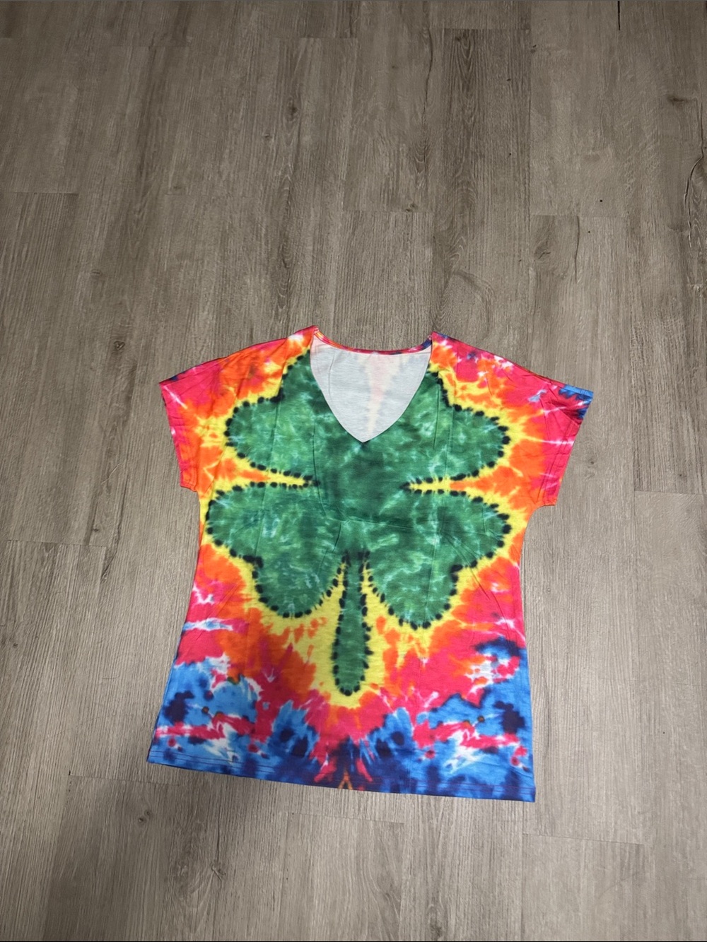 Tie-Dye Clover V-Neck Tee - Multi Green Clover